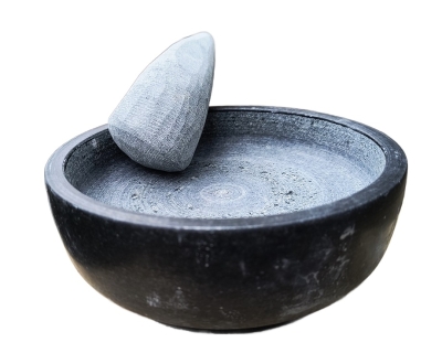 mörser, indonesisch, aus granit mit stössel, 18cm durchmesser, poliert