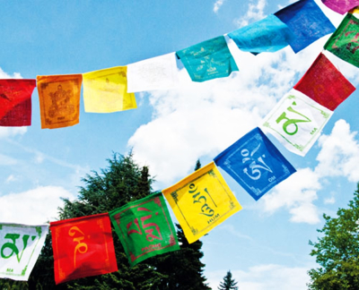 bunte tibetische Gebetsfahnen Om Mani Üadme Hum 10Fahnen an Schnur 0,8m