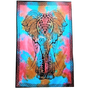 Tagesdecke, Baumwolle aus Indien, Motiv Elefant Afrika Art deco, pink-türkis in kräftigen Farben