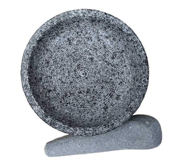 mörser, indonesisch, aus granit mit stössel, 18cm durchmesser, poliert