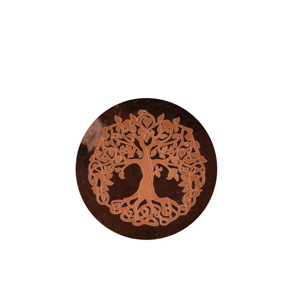 Trinkbecher aus Kupfer 450ml, hier das eingravierte Symbol des Yggdrasil, Baum des Lebens mit Blume des Lebens
