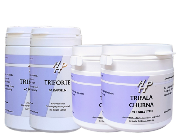 2 Dosen mit jeweils 60 Kapseln Triforte undweieter 2 Dosen mit jeweils 140 Triphala Churna Tabletten von Holisan in cremeweiß und hellem blau